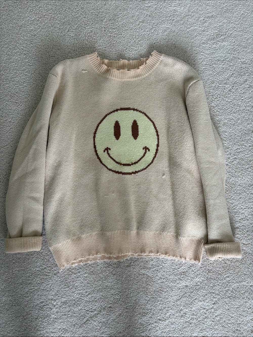 Cream Smiley Crewneck Sweater - Women's